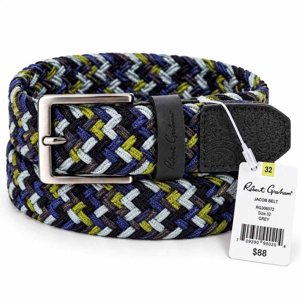 Robert Graham Jacob Belt Mens 32 Grey Multi Woven Braided Designer Preppy NEW